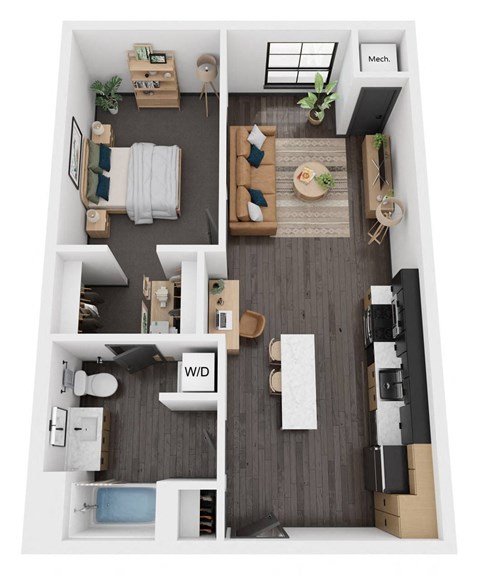 Floor plan for 1 bed, 1 bath, 714 sqft